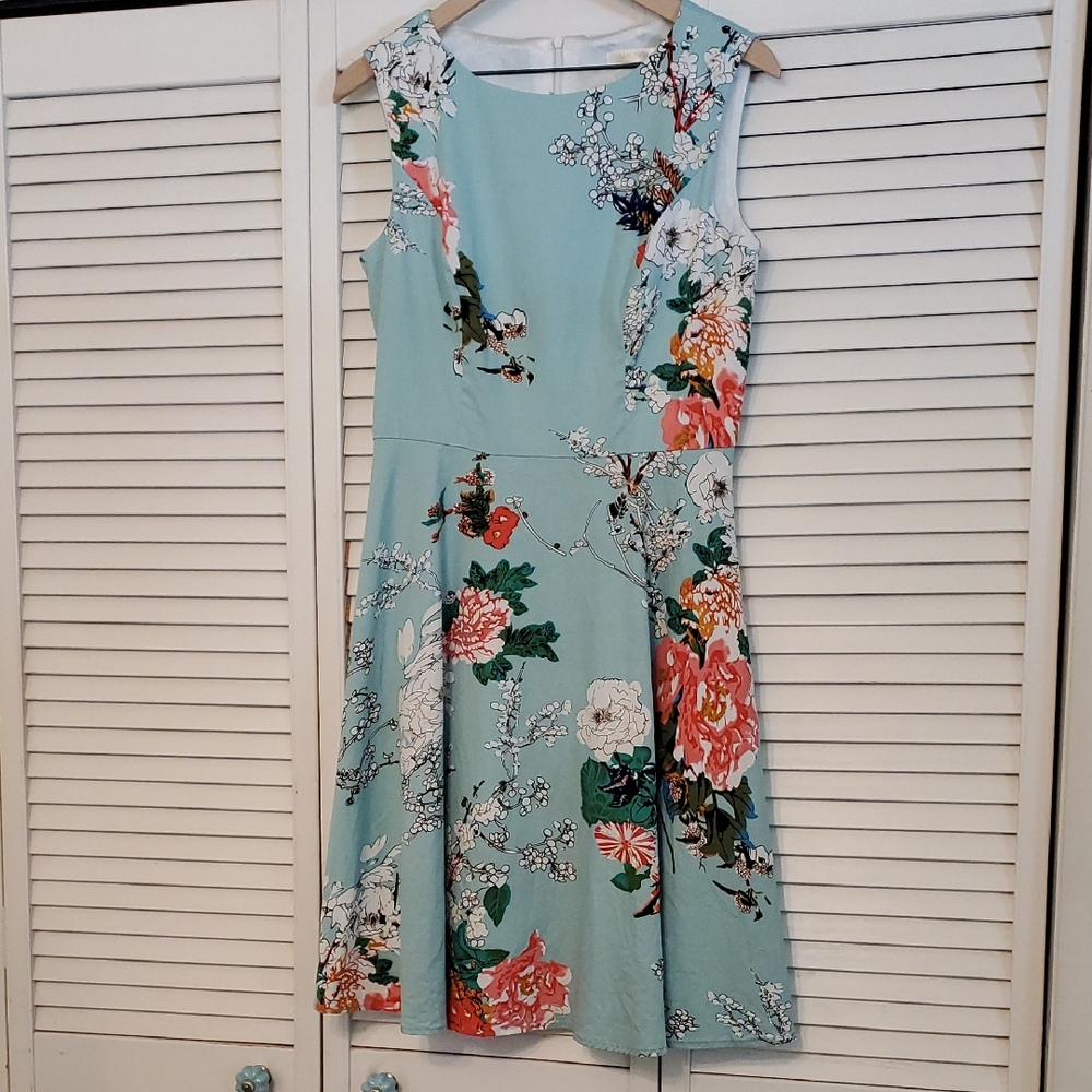 Hanpceirs Floral Rockabilly Swing Dress Sleeveless Blue, Size Large
